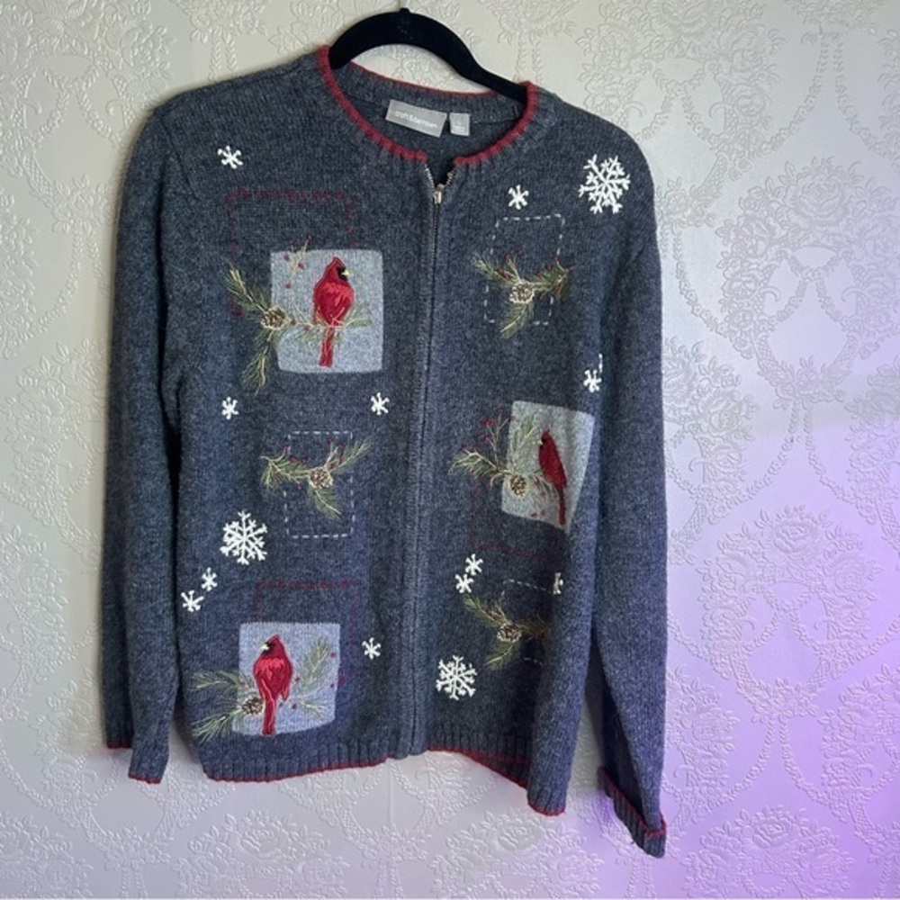 Gray Cardinal Embroidered Women's Sweater Croft & Barrow L wool angora